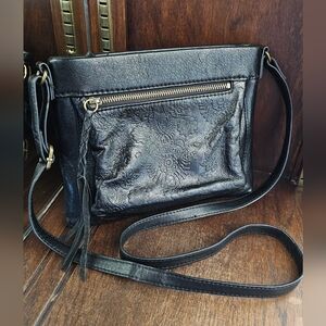 The Sak Sanibel Black Tooled Leather Zip Crossbody Bag Purse Adjustable Strap